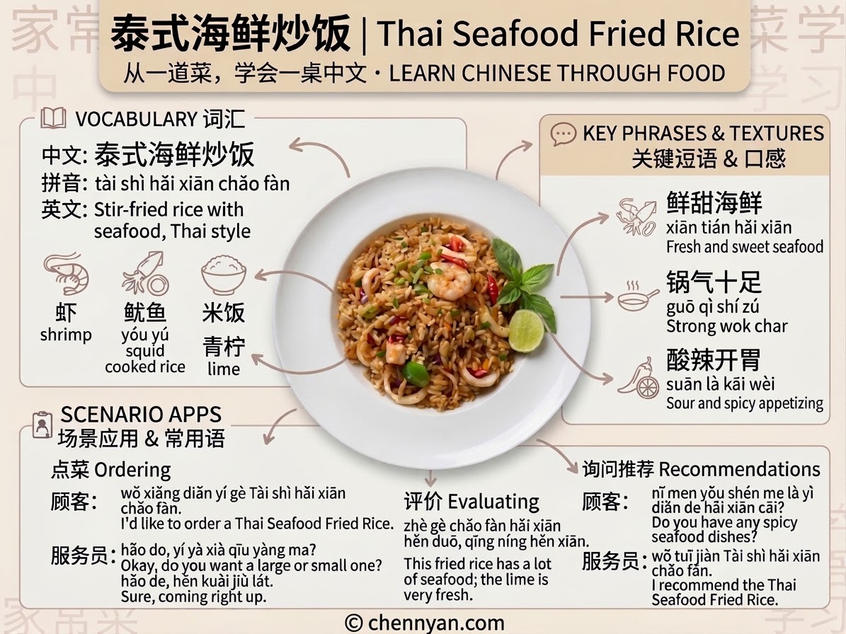 Learn Chinese through Thai-style seafood fried rice, with Mandarin vocabulary and restaurant phrases